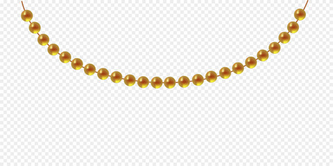 Obraz premium Gold beads on a white background. A beautiful chain of yellow color. Net beads are realistic. Decorative element from golden ball design