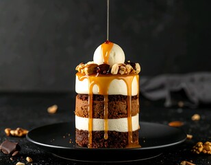 Dessert bulat bertingkat dengan saus karamel