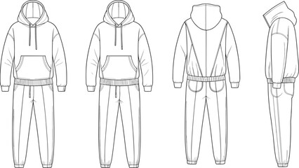 Blank hoodie and sweatpants vector template, front back side view, casual sportswear mockup, fashion apparel design, clothing illustration, garment sketch
