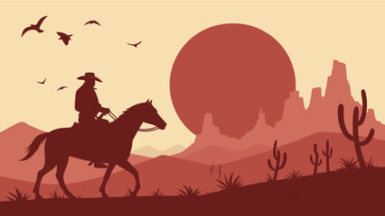 Silhouette cowboy riding horse in desert landscape at sunset vector illustration for western adventure theme
