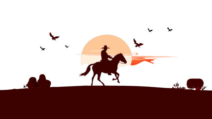 Naklejka premium Western cowboy silhouette riding horse at sunset vector graphic illustration landscape scene for design element