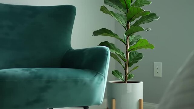 Cozy living room corner featuring a plush teal armchair and a vibrant fiddle leaf fig plant