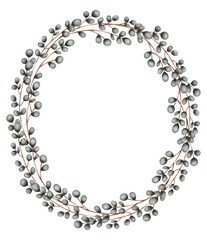 ilustracion de marco decorativo corona de elementos botanicos, flores, ramas y hojas. Pintado a mano en acuarela