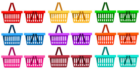 Bundle of colorful shopping carts isolated on white background. Supermarket carts vector illustration. Trolley icons in different colors. Shopping basket vector illustrations in PNG format. 