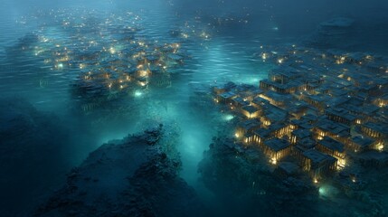 Submerged Atlantean cityscapes with ancient glowing migration paths beneath rippling water.