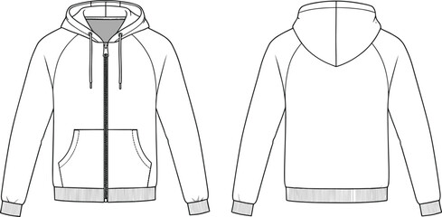 Blank zip up hoodie front and back view, fashion clothing template, sweatshirt mockup design, casual winter jacket illustration, apparel vector sketch © Legend Monir