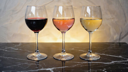 3 glasses filled with different wine on bar counter.ai 