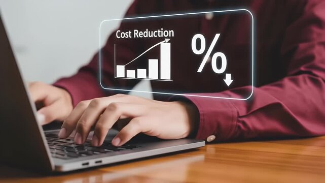 Cost reduction business finance concept, budget management and cost management. Businessman show Cost reduction graph with down arrow on virtual screen.