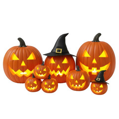 A group of carved glowing jackolanterns with witch hats, isolated on a transparent background, perfect for halloween decorations and autumn festivities
