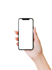 A hand holding a phone with a white background