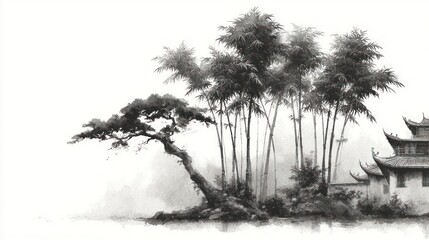 Minimalist vector illustration of bamboo trees in traditional Chinese ink drawing style with simple lines, black and gray tones, flat design on white background