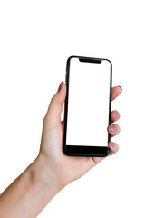 A hand holding a cell phone with a white background