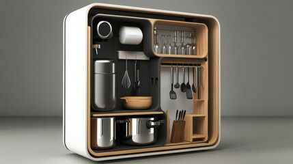 A modern kitchen unit featuring organized utensils, containers, and glassware, emphasizing minimalistic design and functionality.