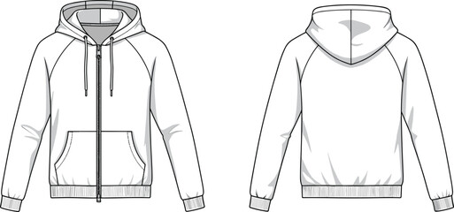 Blank zip up hoodie front and back view, fashion sweatshirt mockup, casual winter jacket template, clothing design vector, apparel illustration sketch, unisex garment style © Legend Monir