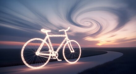 Luminous bicycle artfully illuminates a winding path against a dramatic twilight sky, blending technology and nature's beauty.