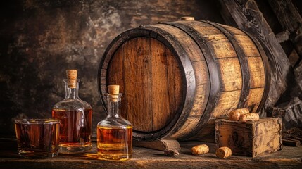 A wooden barrel with a cork and a bottle of whiskey in front of it.