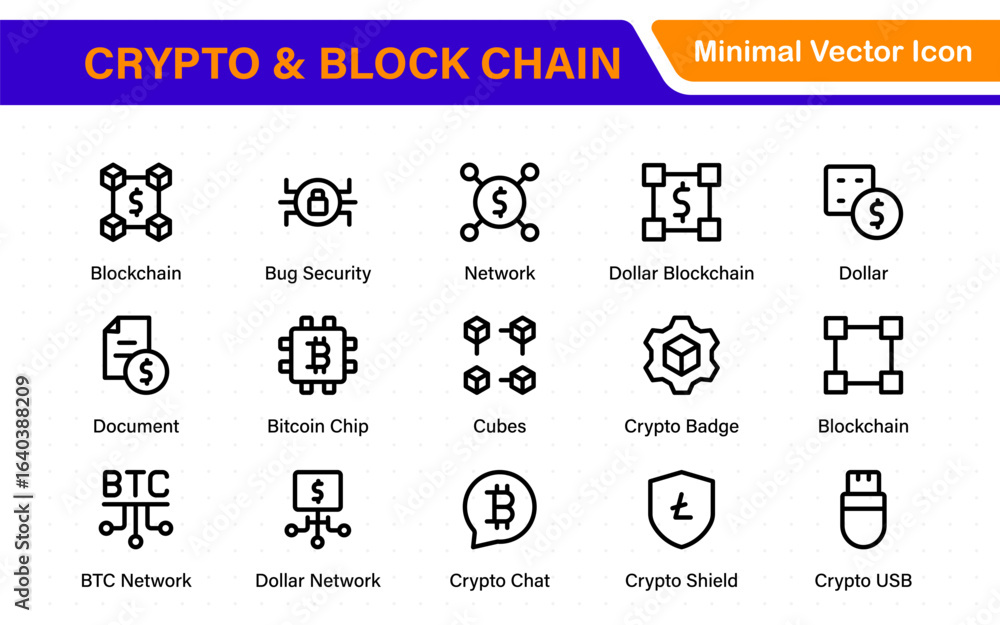 Poster crypto and block chain web icon set. information icon, analytics, cloud computing, block chain, bloc
