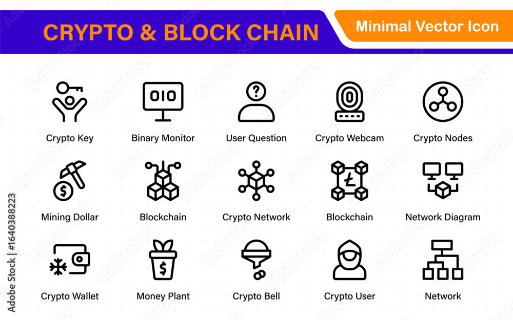 Poster crypto and block chain web icon set. information icon, analytics, cloud computing, block chain, bloc