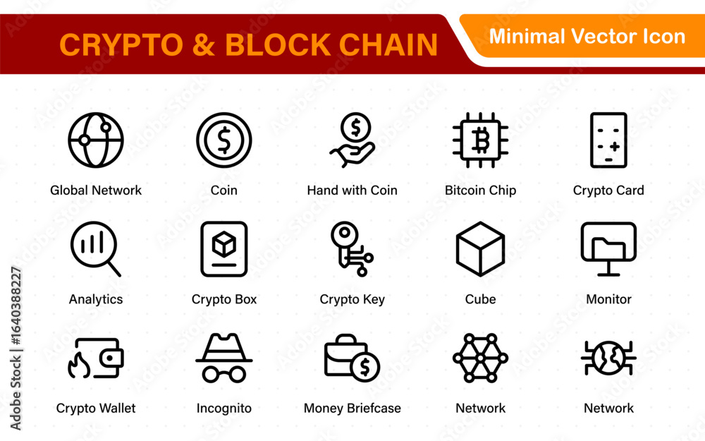 Poster crypto and block chain web icon set. information icon, analytics, cloud computing, block chain, bloc