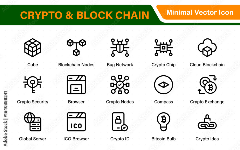 Poster crypto and block chain web icon set. information icon, analytics, cloud computing, block chain, bloc