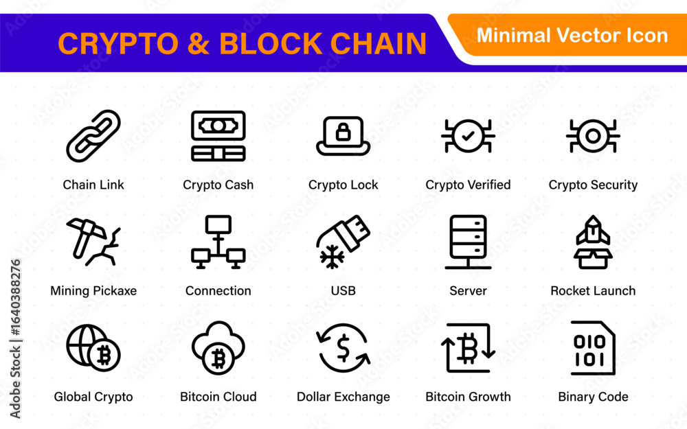 Poster crypto and block chain web icon set. information icon, analytics, cloud computing, block chain, bloc