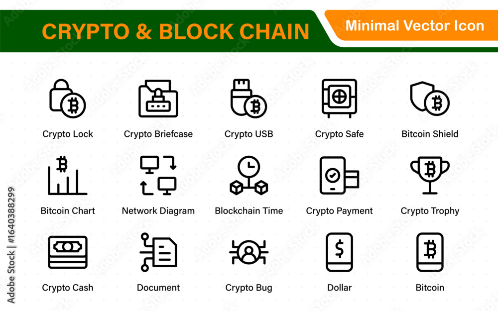 Poster crypto and block chain web icon set. information icon, analytics, cloud computing, block chain, bloc