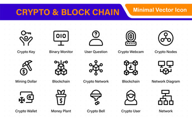 Crypto and Block chain web icon set. information icon, analytics, cloud computing, block chain, block, Distribution, Ledger, Transaction icon Blockchain icon minimal design.