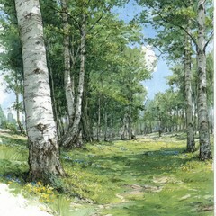 Fototapeta premium Light pastel grey and white woodland forest seamless pattern with delicate birch trees, wildflowers, and simple line art on a clean white background.