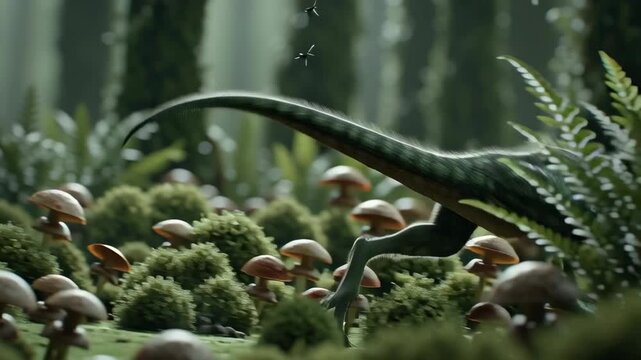 close-up of compsognathus chasing insects among ferns and fungi on the forest floor, macro cinematic view