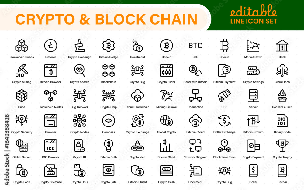 Poster crypto and block chain web icon set. information icon, analytics, cloud computing, block chain, bloc