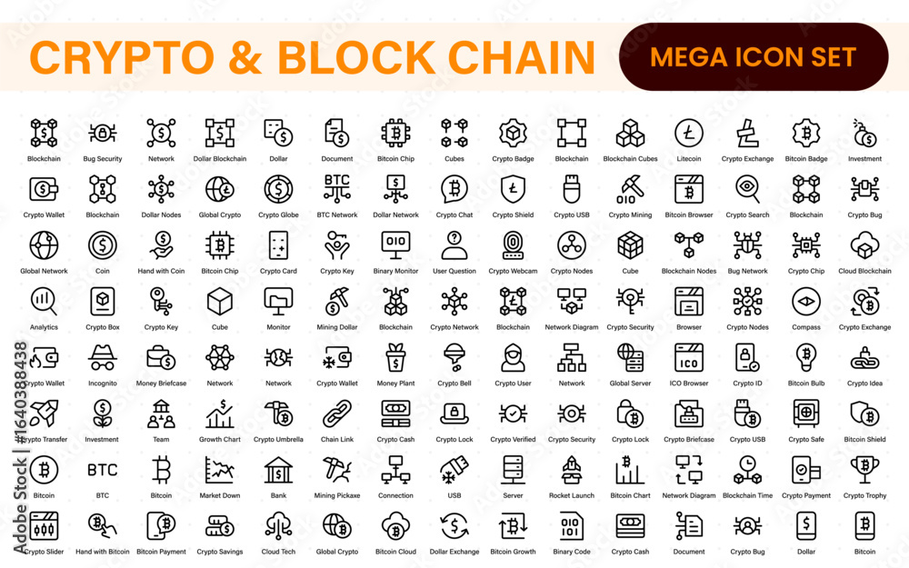 Poster crypto and block chain web icon set. information icon, analytics, cloud computing, block chain, bloc