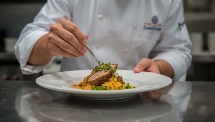Photo of a chef is carefully plating a gourmet dish in a restaurant kitchen with precision and expertise