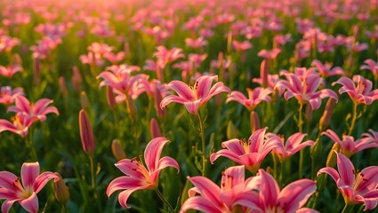 Naklejka premium A beautiful meadow of pink lilies glowing in the warm, golden light of a summer sunset.