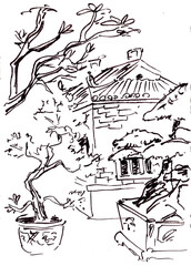 Obraz premium Travel to Vietnam, Hanoi, temple complex, travel sketch