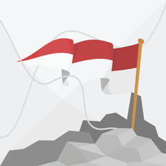 Vector of the Indonesian flag waving on the rocks of a mountain peak for Indonesian Independence day background or social media design