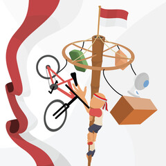 Vector image of Panjat Pinang with red and white ribbon ornaments for Indonesian Independence Day background or social media design