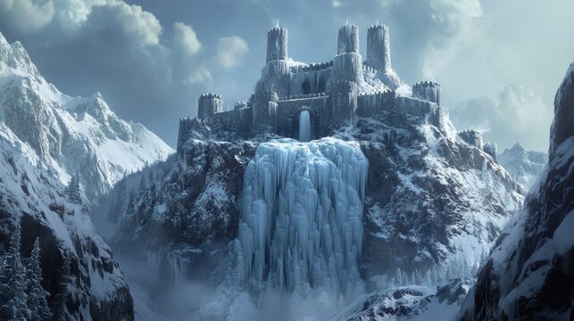 A majestic castle atop a snowy mountain, surrounded by icy cliffs and dramatic clouds, evokes a sense of mystery and fantasy.