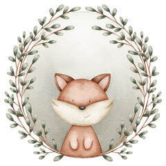 Ilustracion de zorro del bosque con marco de madera y elementos botanicos, flores, hojas y ramas. Pintado en acuarela estilo infantil