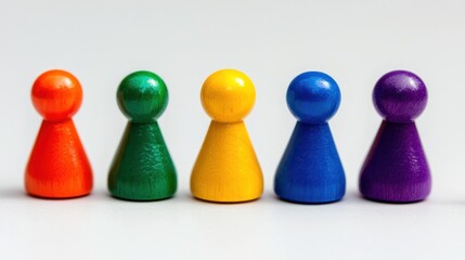 Five colorful wooden game pieces in a row on a white background