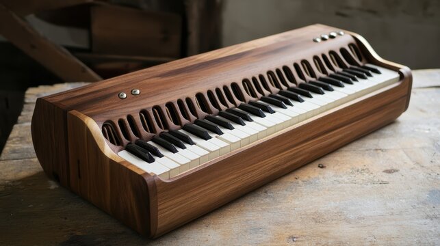 A beautifully crafted wooden harmonium with black and white keys, showcasing intricate design and craftsmanship.
