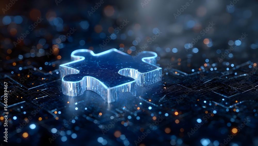 Poster a glowing puzzle piece symbolizes connectivity and problem-solving in a digital world filled with da