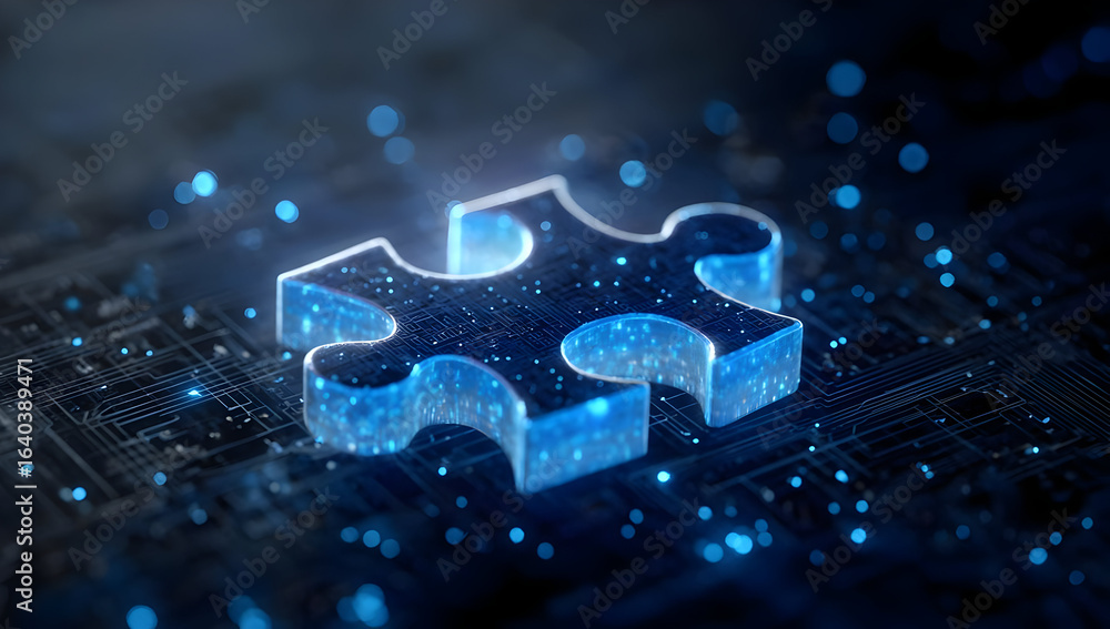 Poster a glowing puzzle piece on a circuit board, symbolizing innovation and solution finding in technology