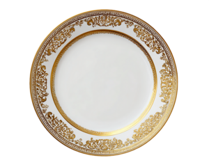 Empty White Round Plate With Gold Border On Transparent Background, PNG