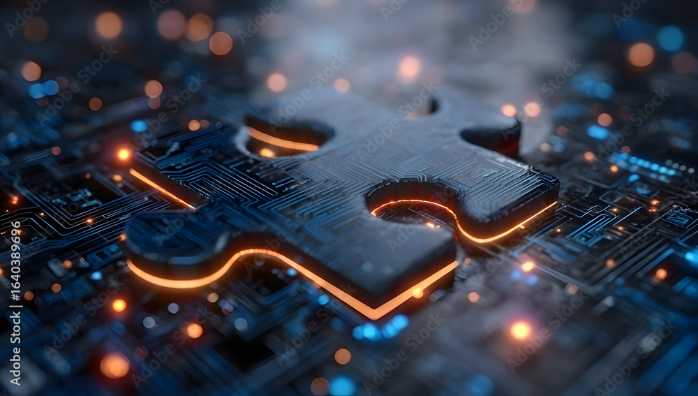 Poster a close-up view of a glowing puzzle piece set against a digital circuit board, symbolizing innovatio