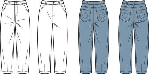 Denim pants technical flat sketch, front and back view, pocket details, clothing blueprint, fashion design vector template for apparel manufacturing