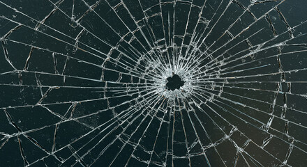 Fototapeta premium Shattered dark glass, radial cracks, broken surface.