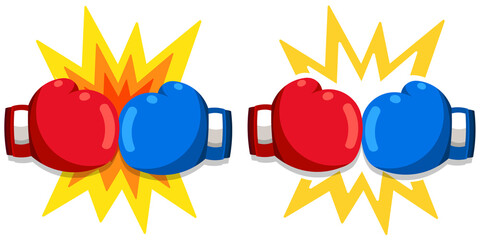 Set of pair gloves in red and blue colors with punch effect isolated on white background. Suitable elements for boxing equipment, sports equipment, etc. Boxing gloves in simple style in PNG format. 