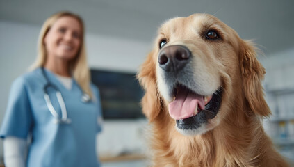 A content golden retriever dog smiles at the camera while a veterinarian in scrubs stands in the background, showcasing a caring environment.