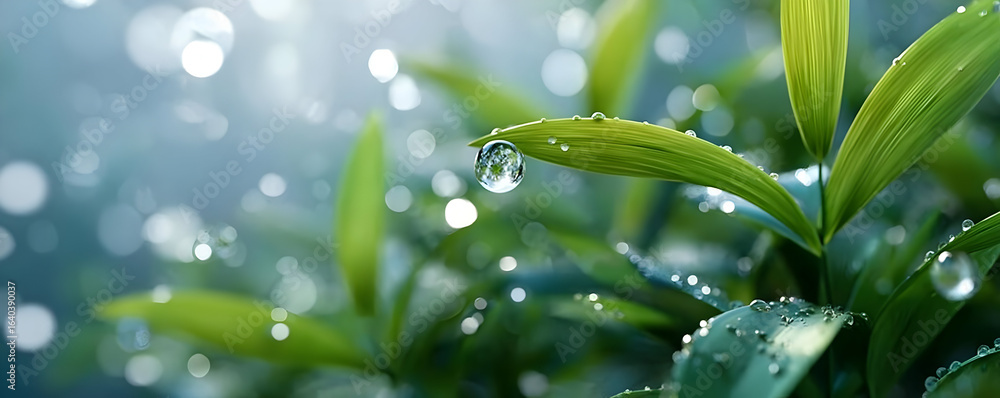 Poster a close-up view of vibrant green leaves with dew drops glistening in soft light, creating a refreshi