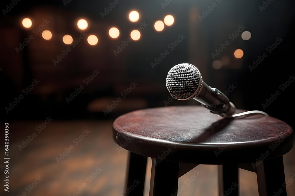 Poster a close-up of a microphone resting on a wooden stool, with warm ambient lighting creating an invitin